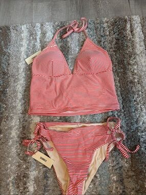 Seamolly Red & White Striped Tankini with Tie-Side Bikini Bottoms